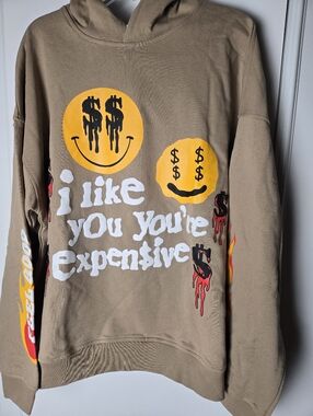 Men's Tan Graphic Hoodie Sweater with Yellow Smiley Prints